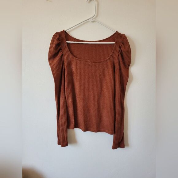 Burnt Orange Copper Puffed Long Sleeve Knit Top Ribbed Square Neck Twee Small - Picture 5 of 8